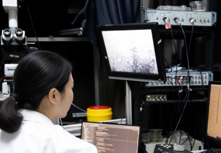 Electronics R&D laboratory with oscilloscope and test instruments