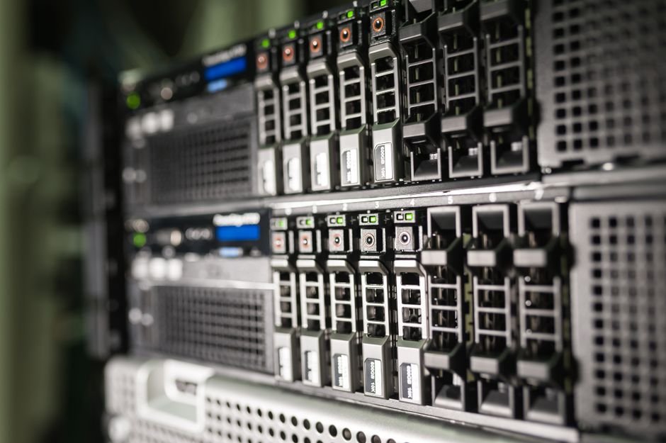 Rows of electrical distribution cabinets in a data center power room